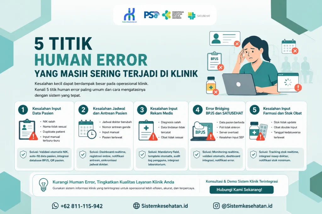 Infografis human error di klinik yang menampilkan 5 kesalahan operasional paling sering terjadi seperti kesalahan input data pasien, antrean pasien, rekam medis, bridging BPJS dan SATUSEHAT, serta stok farmasi dengan solusi sistem klinik terintegrasi.