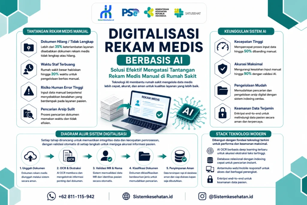 Poster infografis digitalisasi rekam medis berbasis AI di rumah sakit dengan diagram alur sistem, keunggulan teknologi AI, dan solusi pengelolaan data medis digital modern.