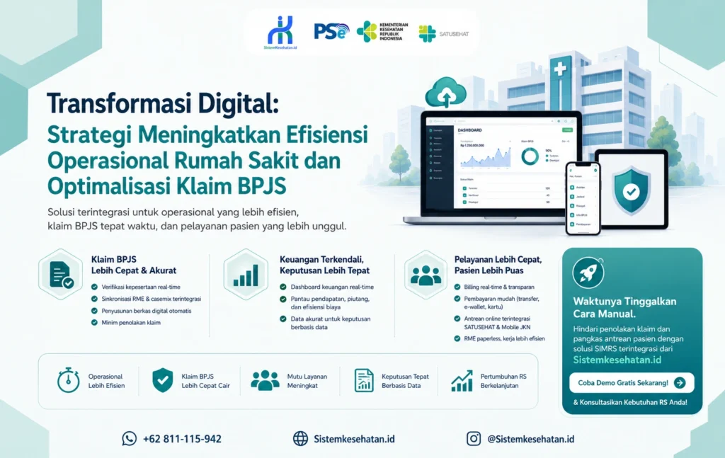 Poster Transformasi Digital Rumah Sakit dengan SIMRS terintegrasi untuk meningkatkan efisiensi operasional, mempercepat klaim BPJS, dan mendukung pelayanan pasien yang lebih cepat melalui dashboard digital dan integrasi SATUSEHAT.