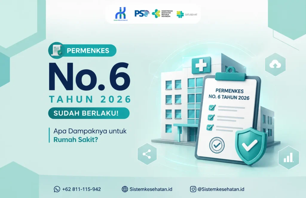 Ilustrasi Permenkes No. 6 Tahun 2026 yang membahas dampak regulasi terbaru terhadap rumah sakit, implementasi SIMRS, integrasi SATUSEHAT, dan transformasi digital layanan kesehatan di Indonesia.