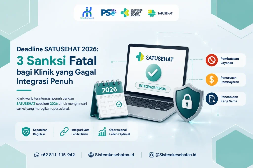 Ilustrasi integrasi SATUSEHAT untuk klinik dengan visual tiga sanksi jika gagal melakukan integrasi penuh sebelum tahun 2026.
