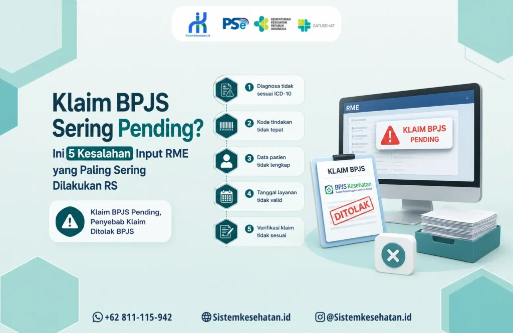 Ilustrasi 5 kesalahan input Rekam Medis Elektronik (RME) yang menyebabkan klaim BPJS sering pending atau ditolak, mulai dari kesalahan kode ICD-10 hingga verifikasi klaim rumah sakit.
