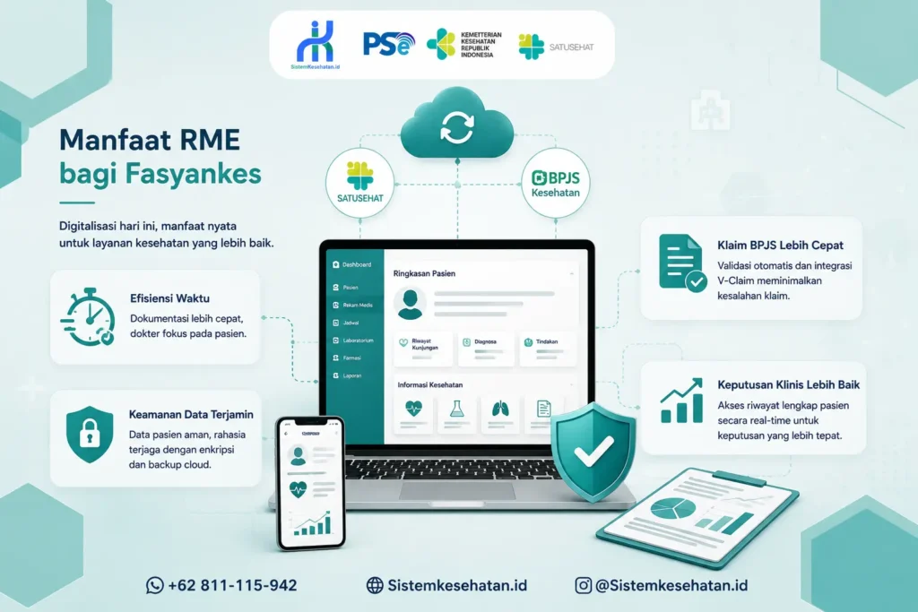 Ilustrasi manfaat Rekam Medis Elektronik (RME) bagi fasilitas kesehatan, mulai dari efisiensi operasional, keamanan data pasien, integrasi SATUSEHAT dan BPJS, hingga percepatan klaim BPJS Kesehatan.