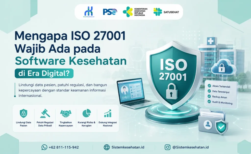 Ilustrasi sertifikasi ISO 27001 pada software kesehatan untuk melindungi data pasien, meningkatkan keamanan informasi, dan memenuhi standar keamanan digital rumah sakit serta klinik di Indonesia.
