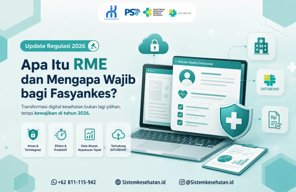 Ilustrasi Rekam Medis Elektronik (RME) terintegrasi SATUSEHAT sebagai kewajiban digitalisasi fasilitas kesehatan sesuai regulasi Kemenkes tahun 2026.