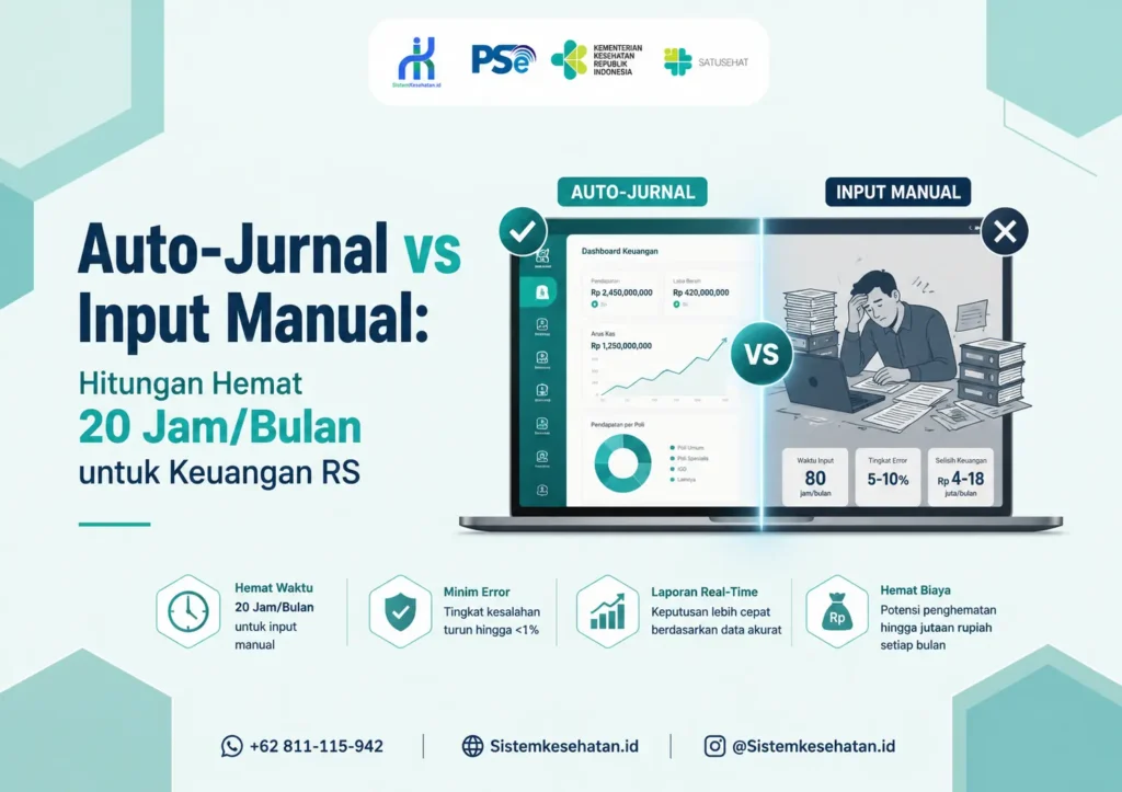 Ilustrasi Auto-Jurnal SIMRS terintegrasi dengan akuntansi rumah sakit untuk otomatisasi jurnal, laporan keuangan real-time, integrasi BPJS, dan efisiensi operasional rumah sakit.