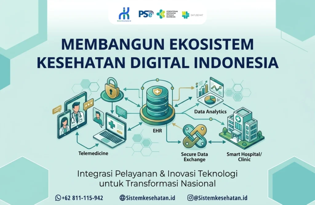 Infografis ekosistem kesehatan digital Indonesia mencakup EHR, telemedicine, data analytics, dan integrasi smart hospital