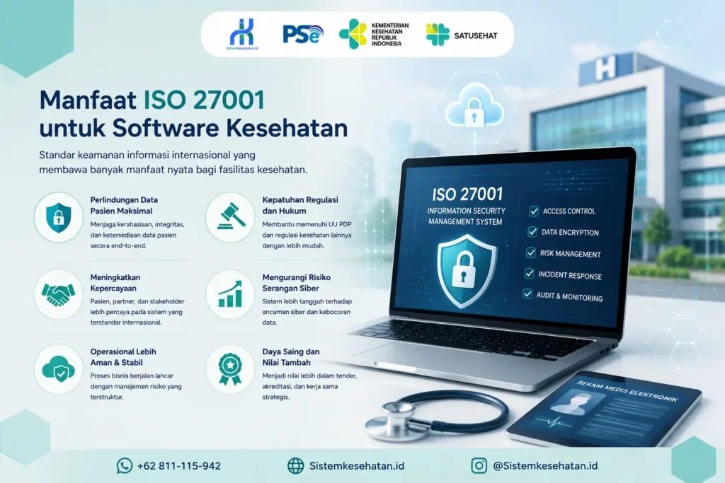 Ilustrasi manfaat ISO 27001 pada software kesehatan untuk melindungi data pasien, meningkatkan keamanan informasi, memenuhi regulasi, dan mendukung digitalisasi rumah sakit.
