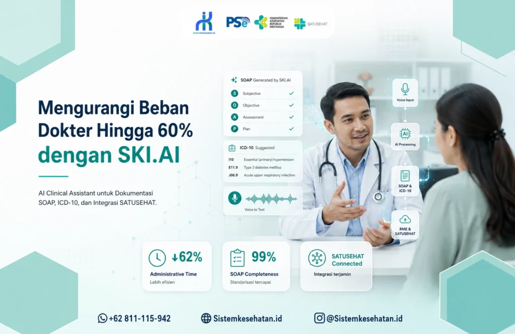 Dokter menggunakan SKI.AI untuk mempercepat dokumentasi SOAP, rekomendasi ICD-10, dan integrasi SATUSEHAT sehingga beban administrasi berkurang hingga 60% di rumah sakit modern.