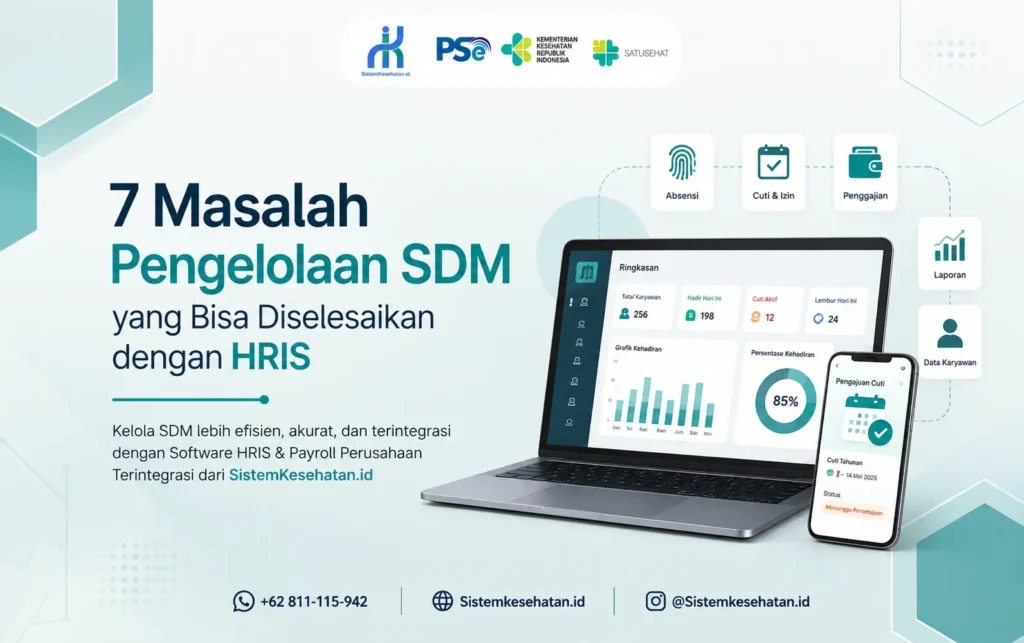 Visual minimalis dan modern yang merangkum 7 masalah utama administrasi kepegawaian di perusahaan dan fasilitas kesehatan serta solusinya melalui sistem HRIS.